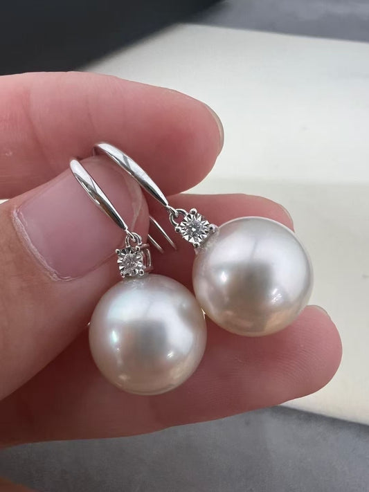 Classic White South Sea Pearl Drop Earrings with Diamond – 13mm