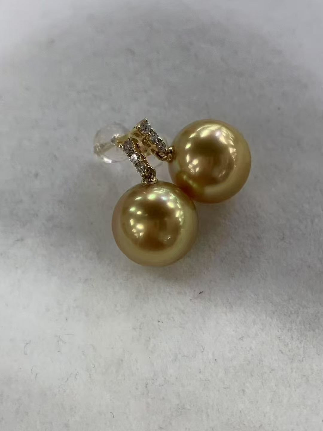 Golden 11.2 mm South Sea Pearl & Diamond Earrings – Classic Three-Diamond Design