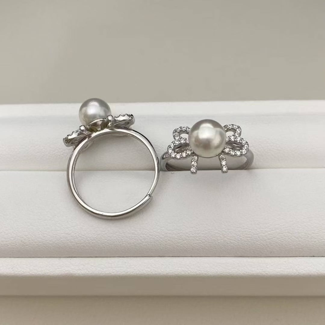 Elegant Akoya Pearl Bow Ring - 7-7.5mm, Adjustable Fit