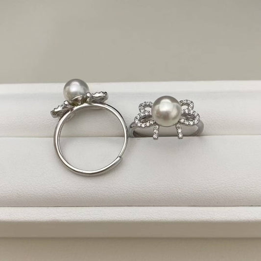 Elegant Akoya Pearl Bow Ring - 7-7.5mm, Adjustable Fit